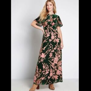 Modcloth “Soiree Saunter” Green and Pink Velvet Maxi Dress